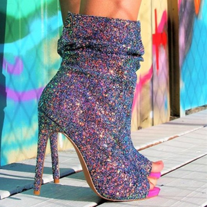 Large Size 47 Elegant Shinning Upper Side Zip Round Peep Toe Women Ankle <b>Boots</b> Thin High Heel Crystal Short Booties for Ladies - Product Image 2
