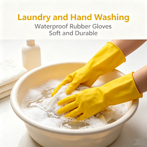 Yellow Rubber Household <b>Gloves</b> Textured Cleaning <b>Gloves</b> <b>Long</b> Cuff Household Utility <b>Gloves</b> for Home Kitchen - Product Image 3