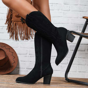 Autumn Winter Women's Retro Western Cowboy <b>Boots</b> Pointed Embroidery Side <b>Zipper</b> Thick Heel Knee-High High Heel <b>Boots</b> - Product Image 5