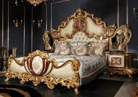 Hand geschnitzte Design-Kunst im antiken Stil Gepolstertes Schlafzimmer Kingsize-Bettmöbel-Set mit Vintage-Kopfteil aus Gold und Weiß