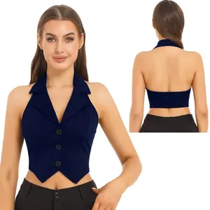 New Arrival Womens Fashion Solid Color Crop Tops Lapel Halter Backless Button Down Pointed Hem Vest for Party Casual