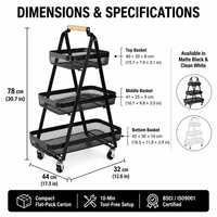 Chariot de rangement roulant à 3 niveaux avec roues, étagère organisatrice en maille métallique avec poignée en bois pour salon et cuisine