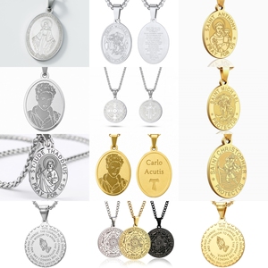 Pendentif Catholique Sainte Vierge <span class=keywords><strong>Marie</strong></span> Miraculeuse Saint Benoît, Design Personnalisé, Acier Inoxydable Plaqué Or 18K, Collection FS007 - Product Image 2