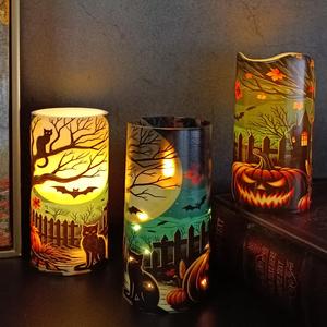 Halloween LED Candle Set of 3 Bat Black cat Evil Pumpkin Flameless Pillars with Remote Control Flicker Function Factory Custom - Product Image 1