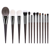 Set Kuas Makeup Custom Logo Private Label Bulu Alami Bulu Sintetis Gagang Kayu Ebony Tabung Tembaga 12 Pcs Seri Peach Blossom