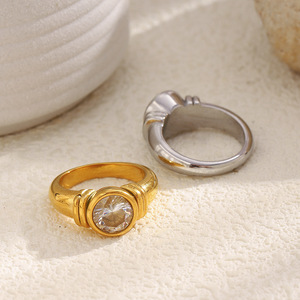 Stainless Steel Round Zircon Bezel Band <b>Ring</b> Vintage Textured Stackable <b>Statement</b> Finger <b>Ring</b> For Women Daily Party Jewelry - Product Image 5