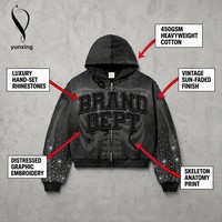 Sudadera con capucha pesada para hombre, personalizada, con cremallera, lavado ácido, gráfico de esqueleto, bordado de pedrería, estilo urbano, efecto desgastado por el sol, corte holgado, OEM
