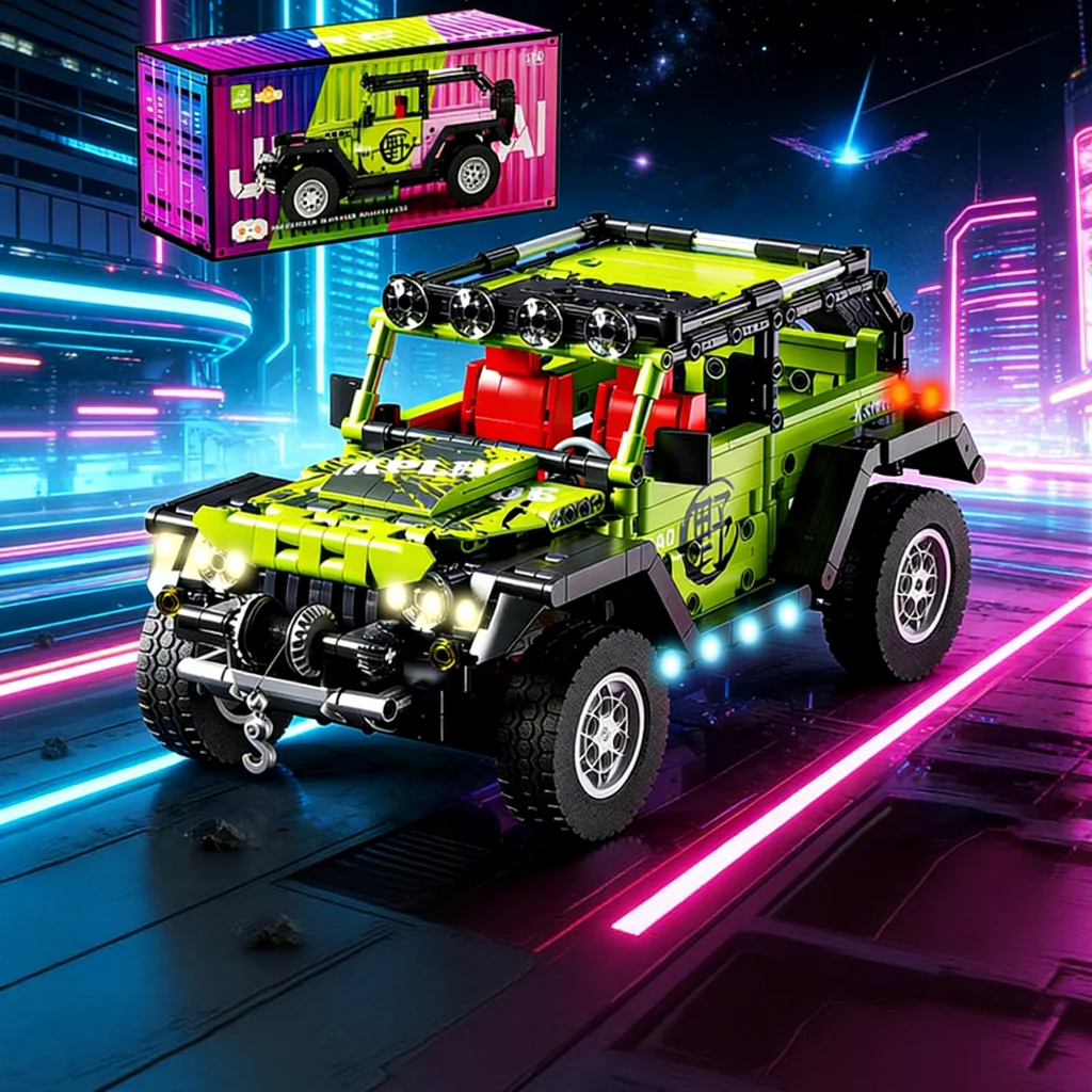 Mustang verde todoterreno con luces y control remoto.