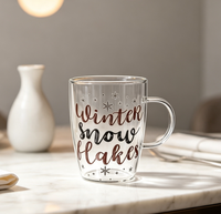 Mug en verre transparent imprimé Noël avec poignée, motif lettres festives, tasse à café ou à thé transparente, vaisselle de fête, cadeau de Noël
