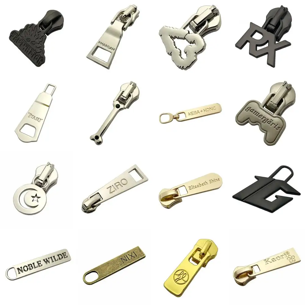 Chải Cổ Brass Màu Tùy Chỉnh Logo Dập Nổi Kim Loại Zipper Puller Cho Túi/Quần Áo