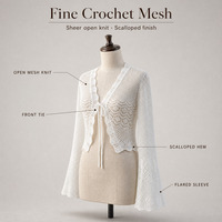 Cardigan blanc en crochet personnalisé OEM ODM pour femme, col en V à nouer, manches longues évasées, maille ajourée, coupe courte, style cache-cœur
