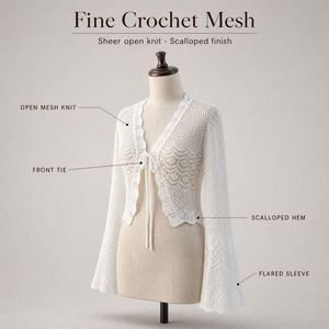 Custom OEM ODM <strong>White</strong> Crochet <strong>Cardigan</strong> Women Open Front Tie V Neck Knit Long Flared Sleeve Hollow Out Mesh Cropped Cover up - Product Image 3
