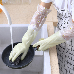 Women's Dishwashing Gloves Thickened <b>Rubber</b> Latex Waterproof With Fleece Lining For Housework Flower Pattern 10 Inch - Product Image 2