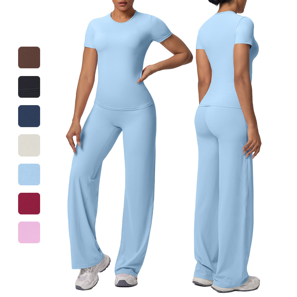 Breathable Body-Hugging Short Sleeve Top with High Waist Wide Leg Yoga Pants 2 Piece Fitness Activewear Set