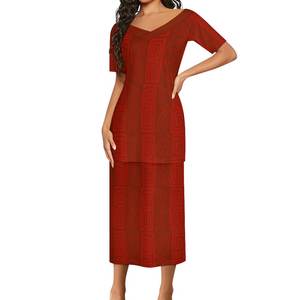 New Style Layered Ruffle V-Ausschnitt Puletasi Samoan Kleid Gute Qualität Polynesian Samoan Tribal Long Top und Röcke 2-teiliger Anzug - Product Image 2