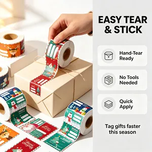 Christmas Gift Tags Roll Self-Adhesive Rectangular Paper <b>Labels</b> Quick Apply Hand-Tear Ready for Packaging - Product Image 1