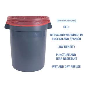 Sacs poubelles rouges linéaires à faible densité Boardwalk de 33 gallons pour les soins de santé, 1,3 mil, 33 x 39, 150/carton - Product Image 5