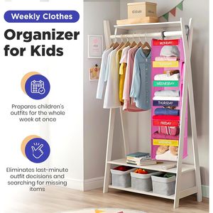 Hanging Clothes Organizer 6 <b>Shelf</b> Labeled Days Of Week Closet Storage For Kids Bedroom Non Woven Fabric <b>Hook</b> Type - Product Image 3