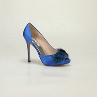 Vente en gros OEM ODM Escarpins à plateforme et à talon aiguille, bleu roi, en satin, à motif plumes de paon, à bout ouvert, style D'Orsay, pour soirée