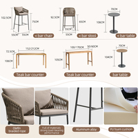 Ensemble de table et chaises de bar minimalistes en corde tressée pour l'extérieur, 6 places, avec structure en aluminium, pour patio, jardin, salle à manger commerciale
