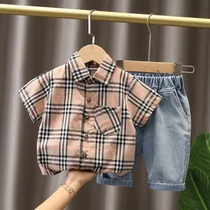 Wholesale 80-120cm Summer Cotton Breathable Plaid T-shirt Denim Shorts Set Classic Toddler Boy Clothes Apparel 2 Pieces Set