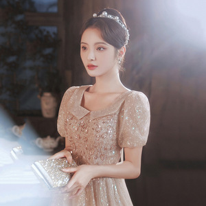 Evening Gown Square Collar Empire Waist A-Line Vintage Style Lotus Root Pink Long 3D Stereoscopic Patterns For Banquets Stage - Product Image 4