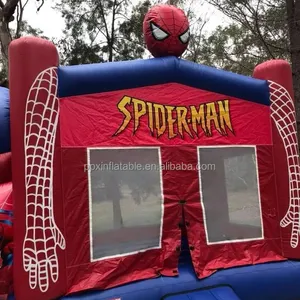 Istana lompat tiup luar ruangan tema Spiderman, rumah pantul komersial, istana tiup untuk luar ruangan