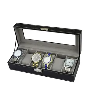 Mode 6 Slot Luxe Zwart Pu Lederen Horloge Vitrine Geschenkdoos Voor Mannen