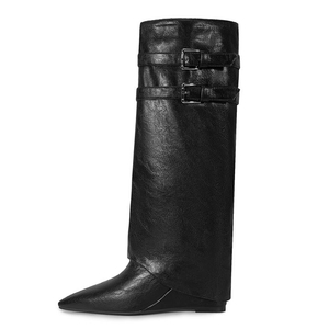 Big Size 45 Metal Buckles High Wedge Heels Pointed Toe Shoes Wide Fit Pants Long <b>Boots</b> Women's Overlay Knee High Booties - Product Image 1