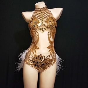 Body Sexy Transparente con <span class=keywords><strong>Plumas</strong></span> de Cristal Dorado para Mujer, Traje de Espalda Descubierta para Club, Ropa de Baile de Stripper Exótica - Product Image 2