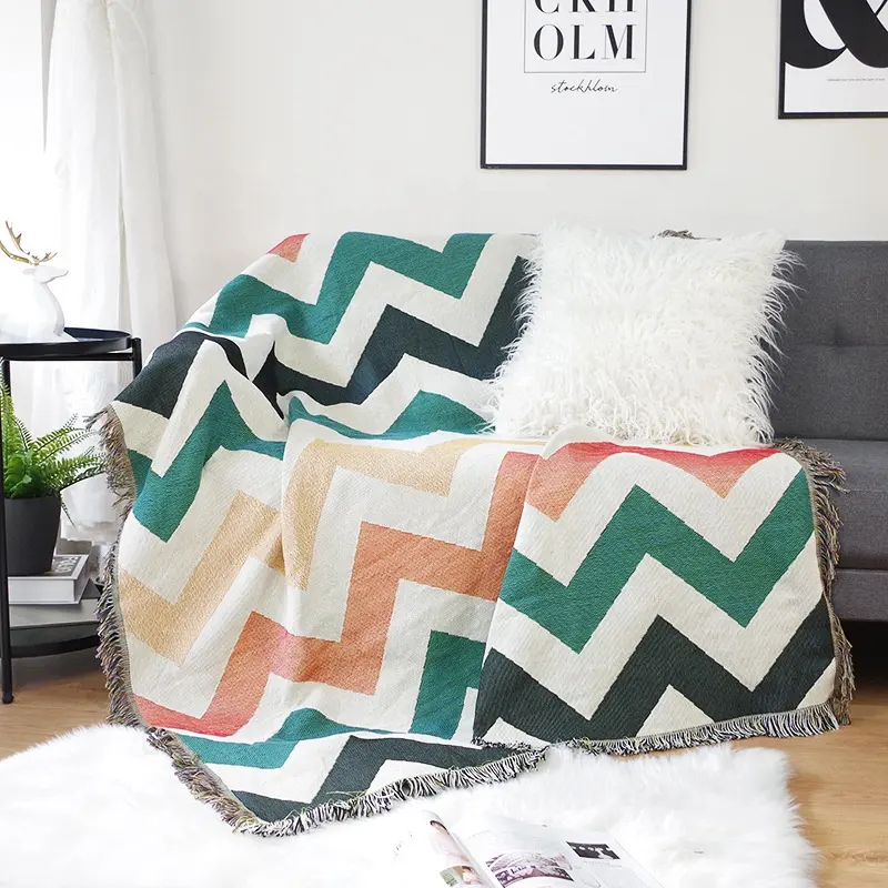 Wholesale Decorative Colorful Wavy Line Delicate Reversible Cotton Tapestry Woven Blanket