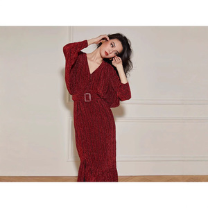 <span class=keywords><strong>Robe</strong></span> décontractée rouge en crêpe à manches longues et col en V avec fente, <span class=keywords><strong>sexy</strong></span> et élégante, pour femme, idéale comme cadeau de <span class=keywords><strong>Noël</strong></span> pour la fête des Mères - Product Image 2