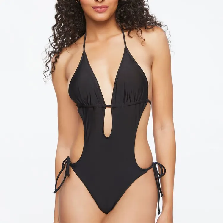 New Design Side Cutouts Beach Bathing Suit Sexy Lace Up Women Bikini Fitness Swimwear Plunging Halter One-Piece Swimsuit