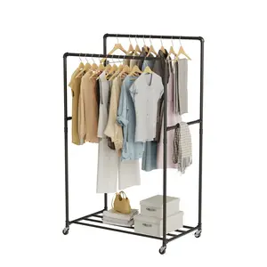 Double Rods Industrial Black Pipe Garment Rack Heavy Duty Metal Frame Clothes Rack With Storage Shelf