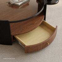 Table basse ronde moderne en bois à double plateau avec plateau en verre, facile à nettoyer et à ranger, idéale pour les salons et appartements.