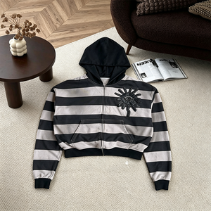 <span class=keywords><strong>Sudadera</strong></span> con capucha y cremallera completa para hombre, con rayas blancas y negras, parche bordado a mano de ojo turco, estilo cropped y boxy, streetwear - Product Image 3
