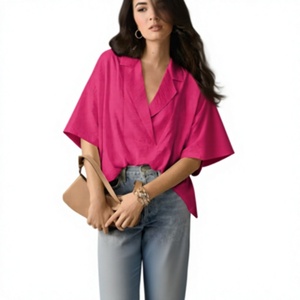 Blusa de Manga Corta con Cuello en V para Mujer, Color Sólido, Corte Holgado, Informal, Estilo Envolvente, Primavera Verano, Camisa de Popelina de Algodón - Product Image 1