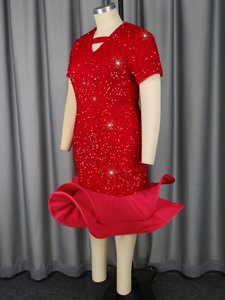 Usine décolleté en V <span class=keywords><strong>rouge</strong></span> paillettes gaine velours sirène <span class=keywords><strong>robe</strong></span> de <span class=keywords><strong>cocktail</strong></span> femme - Product Image 3
