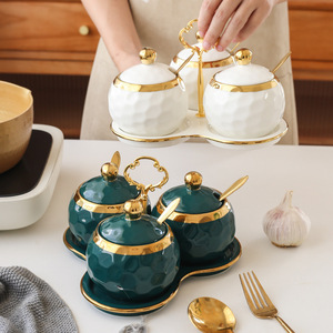 Ensemble de 3 pots à épices en céramique de style nordique, luxe, bord doré, rose, blanc, vert, avec plateau et cuillère - Product Image 6