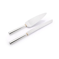 Ensemble de couteau à gâteau et de serveur en métal argenté élégant avec accent doré, parfait pour le service de desserts de mariage et de fête