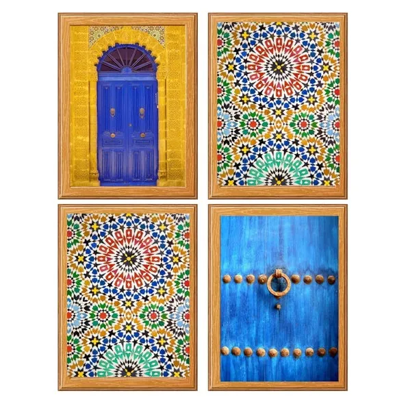 Set of 4 Prints Moroccan Door Boho Wall Art Blue City Arabic Door Moroccan Tile Arabic Architecture Poster for home decor