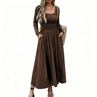 Robe longue décontractée en maille pour femme, col carré, manches longues, taille ajustable avec cordon, coupe trapèze, idéale pour les vacances, personnalisable OEM