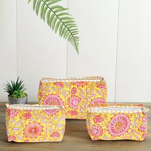 New Taste India Floral Bohemian Large 100% Cotton Quilted <b>Cosmetic</b> Bag Set Yellow Zipper Closure Foldable Makeup <b>Organizer</b> - Product Image 3