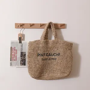 YUNCONG Custom Logo Handmade Luxury Tote Handbag Beach Straw Bags Summer Beach Bag For Women Raffia Straw Crochet Pattern