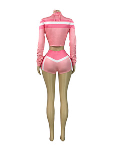 Conjunto Deportivo de Tres Piezas para Mujer, Top Estampado de Manga Larga con Cuello Cruzado y Pantalones Cortos por Encima de la Rodilla para Verano - Product Image 4