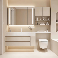 Meuble de salle de bain en pierre frittée style crème avec vasque intégrée en céramique sans joint et extension de toilettes