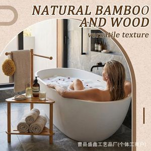 Wooden Bathroom Stool With Towel <b>Rack</b> 17 In <b>Corner</b> <b>Shower</b> Footrest Storage Organizer - Product Image 3