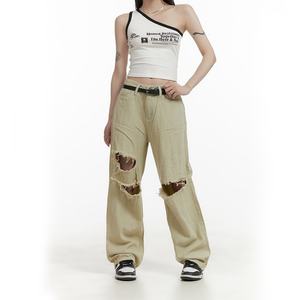 Jeans Baggy Desgastados Color Caqui para Mujer, de Alta Calidad, con Logotipo Personalizado Slvow, Jeans Apilados a la Moda - Product Image 2
