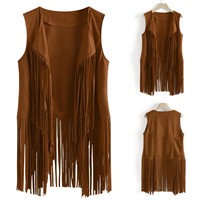 Veste ethnique sans manches en Faux daim pour femmes, longue frange glands Cardigan Vintage cowboy gilet gilet