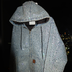 Sweat à capuche en jean zippé pour homme Naisen, style streetwear, surdimensionné, avec appliques en strass et patchs en cristal - Product Image 1